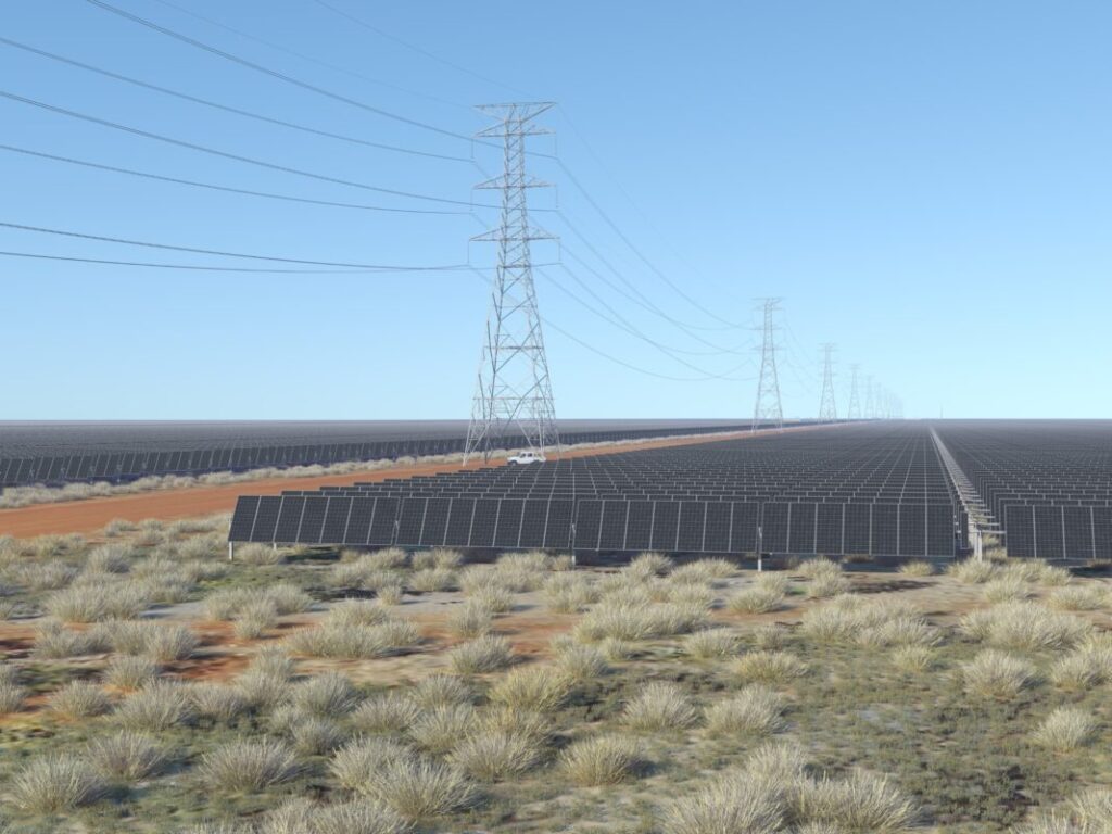 Render of Sun Cable's Powell Creek Solar Precinct in Australia's Northern Territory, showing rows of solar arrays across a 12,000-hectare site that would generate up to 20 GW of solar power for export to Singapore.