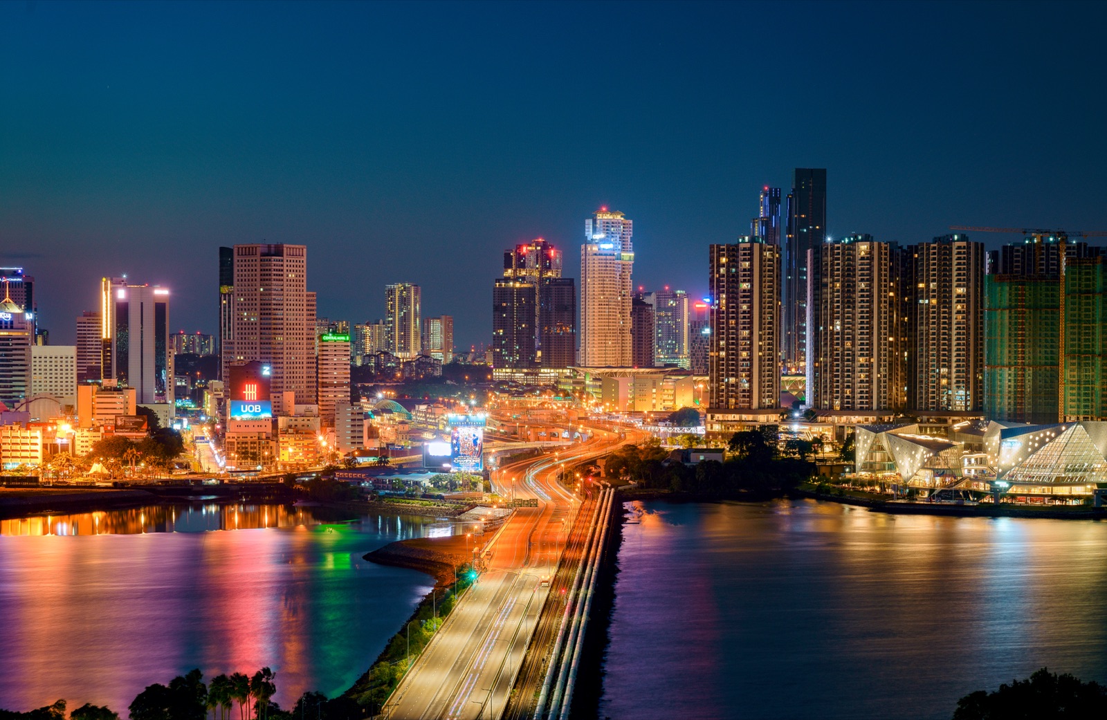 The Singapore-Malaysia Causeway connecting Johor Bahru and Singapore, viewed from the Malaysian side. The 1,056-metre link carries road and rail traffic between the two countries.